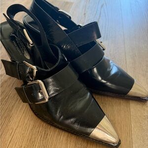 Jeffrey Campbell Black Leather Pointed Slingback Mules with Gold Toe